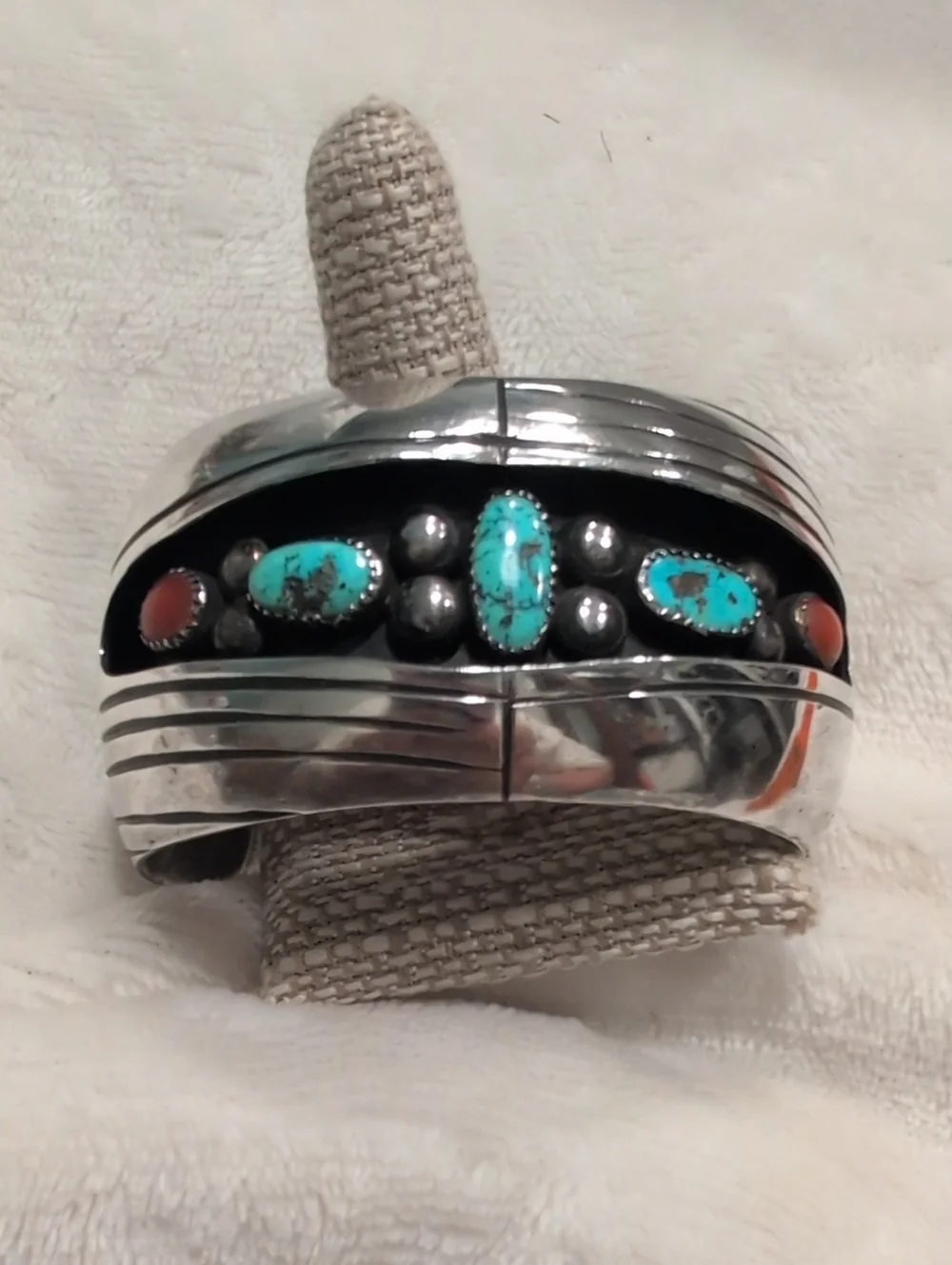 Handcrafted Turquoise & Coral Silver Cuff Bracelet